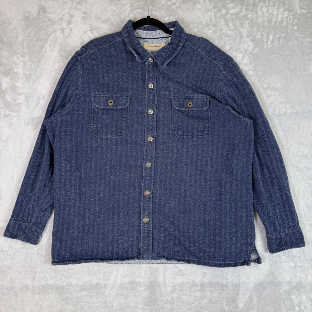 Tommy Bahama Button Front Shirt Mens XXL Blue Herringbone Knit Long Sleeve